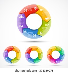 Vector 3d circle arrows infographics set. Template for color cycle diagram, graph, presentation and round chart. Business infographic concept with 5, 6, 7, 8 options, parts, steps or processes. 