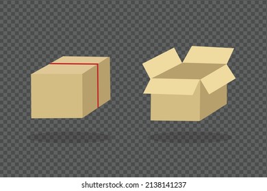 Vector 3D Closed and open  Carton cardboard box icons isolated on Transparent background. Box, package, parcel sign. Delivery and packaging. Closed and open cargo containers. Packing and Unpacking.