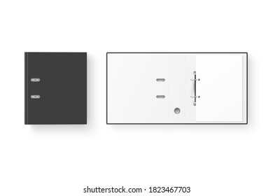 Vector 3d Closed and Opened Realistic Black Blank Office Binder Set with Metal Rings with A4 Paper Sheet Closeup Isolated on White Background. Design Template, Mockup, Top View