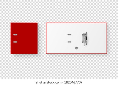 Vector 3d Closed and Opened Realistic Red Blank Office Binder Set with Metal Rings for A4 Paper Sheet Closeup Isolated on Transparent Background. Design Template, Mockup, Top View