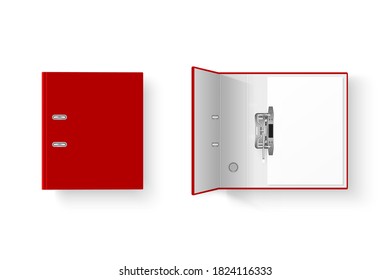 Vector 3d Closed and Opened Realistic Red Blank Office Binder Set with Metal Rings with A4 Paper Sheet Closeup Isolated on White Background. Design Template, Mockup, Top View