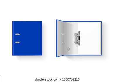 Vector 3d Closed and Opened Realistic Blue Blank and Empty Office Binder Set with Metal Rings and A4 Paper Sheet Closeup Isolated on White Background. Design Template, Mockup, Top View
