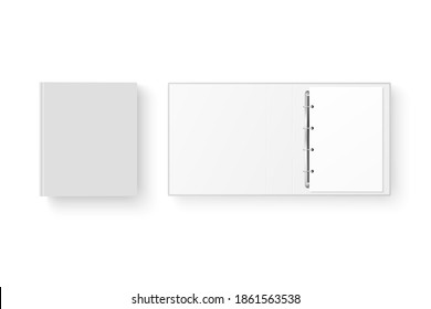 Vector 3d Closed and Opened Realistic White Blank, Empty Office Binder Set with Metal Rings and A4 Paper Sheet Closeup Isolated on White Background. Design Template, Mockup, Top View