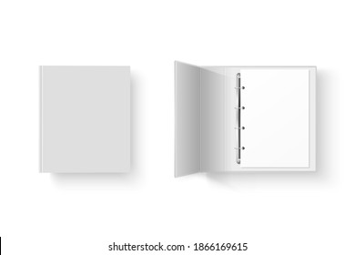 Vector 3d Closed and Opened Realistic White Blank, Empty Office Binder Set with Metal Rings for A4 Paper Sheet Closeup Isolated on White Background. Design Template, Mockup, Top View