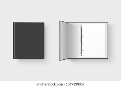 Vector 3d Closed and Opened Realistic Black Blank, Empty Office Binder Set with Metal Rings for A4 Paper Sheet Closeup Isolated on White Background. Design Template, Mockup, Top View