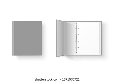 Vector 3d Closed and Opened Realistic Gray Blank, Empty Office Binder Set with Metal Rings for A4 Paper Sheet Closeup Isolated on White Background. Design Template, Mockup, Top View