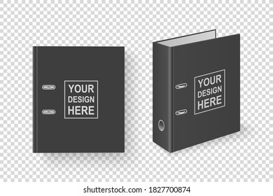 Vector 3d Cuaderno de oficina en blanco negro realista cerrado con anillos metálicos para el cierre de hojas de papel A4 aislado en fondo transparente. Plantilla de diseño, búsqueda, vista lateral, isométrica y superior