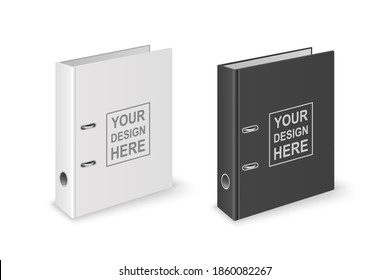 Vector 3d Closed Realistic Black and White Office Binder File with Metal Rings for A4 Paper Sheet Closeup Isolated on White Background. 4cm, 5cm. Design Template, Mockup, Side, Isometric View