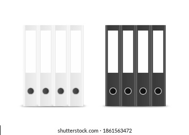 Vector 3d Closed Realistic Black And White Blank Office Binder Stack With Metal Rings For A4 Paper Set Closeup Isolated On White Background. 4cm, 5cm. Design Template, Mockup, Side View