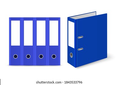 Vector 3d Closed Realistic Blue Blank Office Binder with Metal Rings for A4 Paper Sheet Set Closeup Isolated on White Background. Design Template, Mockup, Front, Side, Back View