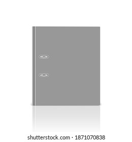 Vector 3d Cubierta de puentador de oficina cerrada de color Gris cerrado y resistente con anillos metálicos para el cierre de papel A4 aislada en fondo blanco con reflexión. 4 cm, 5 cm. Plantilla de diseño, copia de seguridad, vista frontal