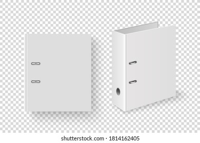Vector 3d Closed Realistic White and Black Blank Office Binder with Metal Rings for A4 Paper Sheet Closeup Isolated on Transparent Background. Design Template, Mockup, Side, Isometric and Top View