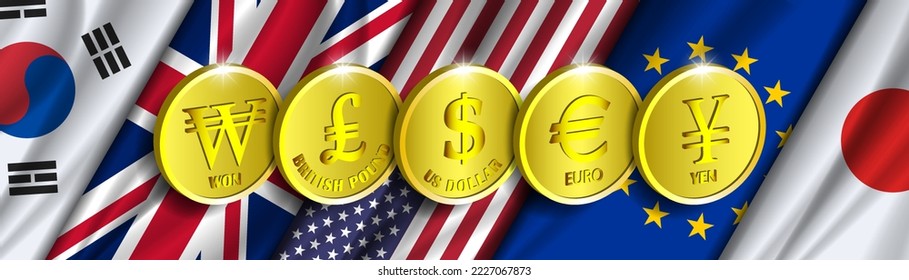 Vector 3d coins. England golden pound, american dollar, euro, won and yen. UK, US, EU, Republic of Korea and Japan currency symbols. Wavy country flags. Political banner