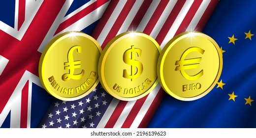 Vector 3d coins. The gold pound of England, the American dollar and euro. Symbols of the currencies of the United Kingdom, the United States and the European Union. Wavy flags of countries