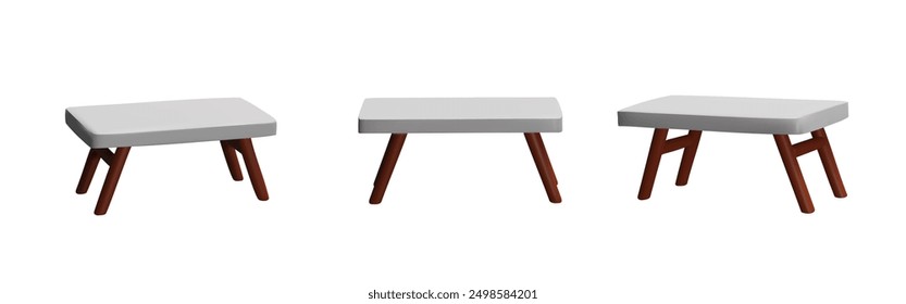 Vector 3D collection showing a kitchen table with a white top and wooden legs, from different angles. Illustrations of furniture in cartoon style for interior design, isolated background.