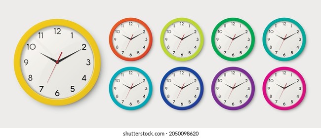 Vector 3d Color Wall Office Clock Flat Icon Set Isolated. White Dial. Design Template of Wall Clock Closeup. Mock-up for Branding, Advertise. Top, Front View
