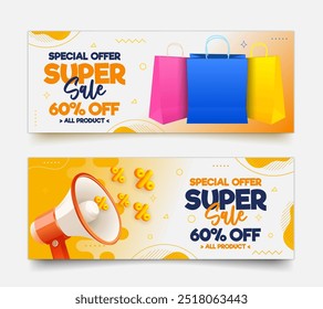 Vector 3D colorido abstracto super venta Horizontal Anuncios conjunto con texto de promoción y 3D megáfono y bolsa de compras ilustración.