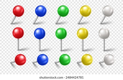 Vector 3D colorful pin with shadow isolated on transparent background. Set of realistic plastic round thumbtack in different angles.