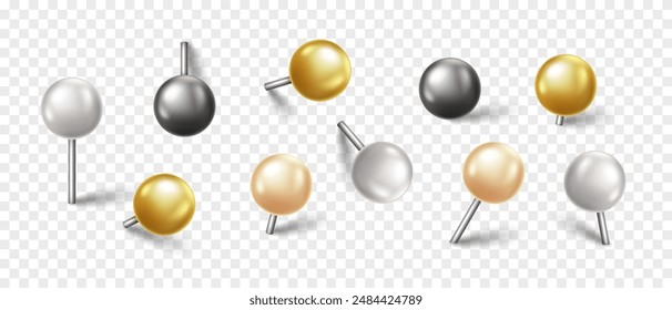 Vector 3D colorful pin with shadow isolated on transparent background. Set of realistic plastic round thumbtack in different angles.