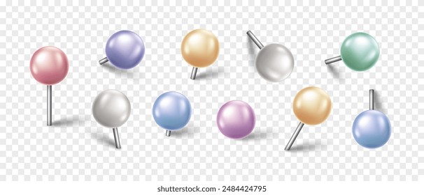 Vector 3D colorful pin with shadow isolated on transparent background. Set of realistic plastic round thumbtack in different angles.