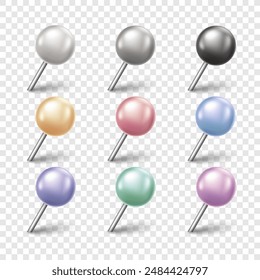 Vector 3D colorful pin with shadow isolated on transparent background. Set of realistic plastic round thumbtack in different angles.