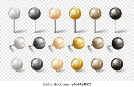 Vector 3D colorful pin with shadow isolated on transparent background. Set of realistic plastic round thumbtack in different angles.