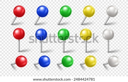 Vector 3D colorful pin with shadow isolated on transparent background. Set of realistic plastic round thumbtack in different angles.