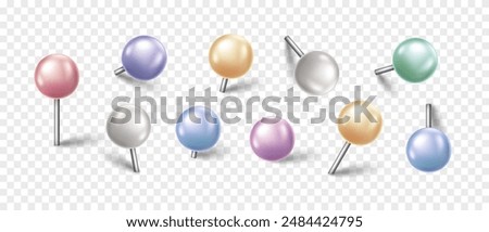 Vector 3D colorful pin with shadow isolated on transparent background. Set of realistic plastic round thumbtack in different angles.