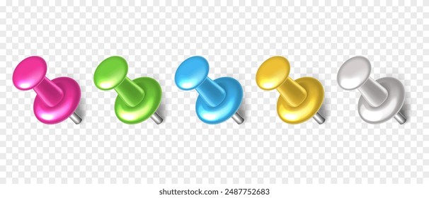 Vector 3D colorful push pin with shadow isolated on transparent background. Set of realistic plastic thumbtack in different angles.