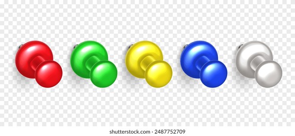 Vector 3D colorful push pin with shadow isolated on transparent background. Set of realistic plastic thumbtack in different angles.