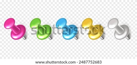 Vector 3D colorful push pin with shadow isolated on transparent background. Set of realistic plastic thumbtack in different angles.