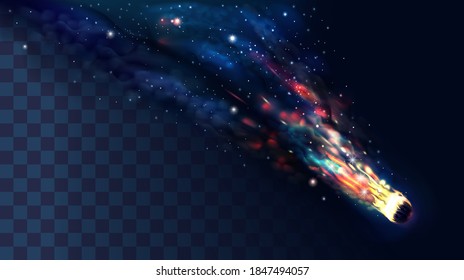 Vector 3d. A comet or asteroid with transparent smoke. Explosion in space. Universe