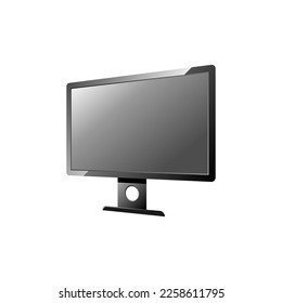 Vector 3D computer black monitor on the white background and shadow, display and equipment object, electronic device technology copy space for individual text and design