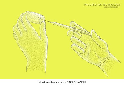 
Vector 3d concept illustration of hands holding a syringe and a medical drug, on a yellow background symbol of pharmacology, chemistry, medicine, vaccination.