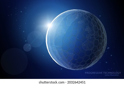 Vektor 3d Concept Illustration des Planeten Erde mit einem Gitter von Hexagonen symbolisiert die Abdeckung der Internet-Telefonie, auf einem Hintergrund des Weltraums.