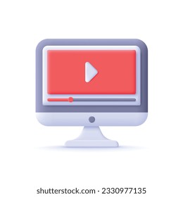 Vector 3d concept lcomputer icon video player with pause and timeline business technology education online learning full editable cartoon minimal style on white background