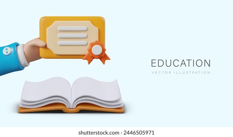 Vector 3D concept of successful learning. Advertisement of college, school, academy, online courses