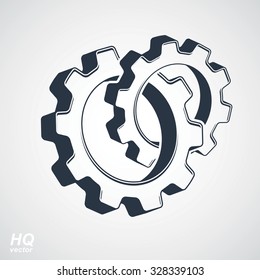 Vector 3d conceptual industry system icon isolated on white background, cog wheels merged, gears. Business cooperation conceptual symbol. Engineering design element.