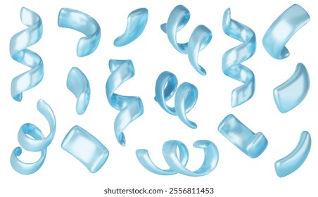 Vector 3d confetti background. Blue festive icons, cute design elements isolated. Birthday or carnival illustration, party decoration set.
