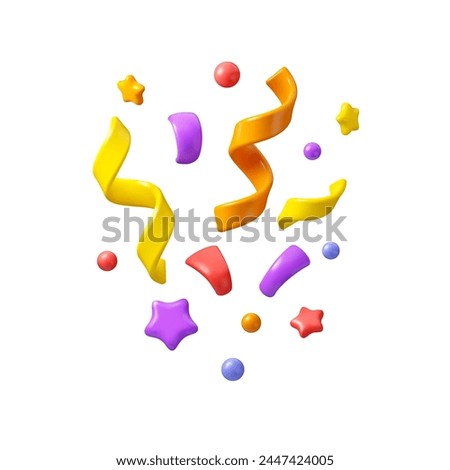 Vector 3d confetti background. Colorful festive icons, cute design elements isolated. Birthday or carnival illustration, party decoration set.