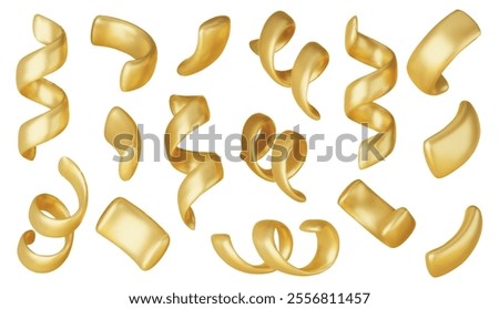 Vector 3d confetti background. Gold festive icons, cute design elements isolated. Birthday or carnival illustration, party decoration set.