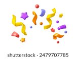 Vector 3d confetti firework background. Colorful realistic firecracker icon, cute design elements isolated. Birthday or carnival illustration, party serpentine decoration set.
