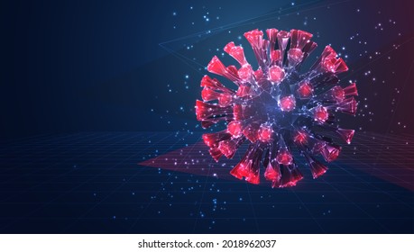 vector 3d coronavirus from triangular polygons on blue background