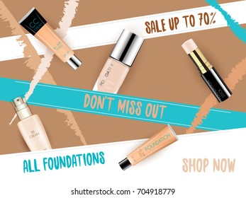 Vector 3D cosmetic illustration foundation, bb cc cream make up product. Sale lettering. Package design with glass bottle, tubes, sticks. Ads, magazine, catalog template design commercial background