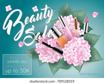 Vector 3D cosmetic illustration foundation, bb cc cream, mascara, lip gloss, eye pencil make up product with flowers. Package design. Sale Ads, magazine or catalog template design 