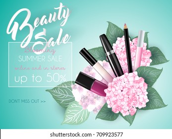 Vector 3D cosmetic illustration foundation, bb cc cream, mascara, lip gloss, eye pencil make up product with flowers. Package design. Sale Ads, magazine or catalog template design 