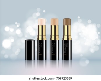 Vector 3D cosmetic illustration foundation, bb cc cream make up product. Package design with bottle. Ads, magazine or catalog template design on commercial background