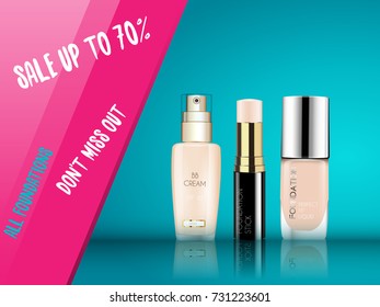 Vector 3D cosmetic illustration foundation, bb cc cream make up product. Package design with bottle. Magazine or catalog template design on commercial background. Black Sale Ads Brochure