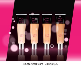 Vector 3D cosmetic illustration foundation, bb cc cream make up product. Package design with bottle. Magazine or catalog template design on commercial background. Black Sale Ads Brochure