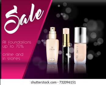 Vector 3D cosmetic illustration foundation, bb cc cream make up product. Package design with bottle. Magazine or catalog template design on commercial background. Black Sale Ads Brochure
